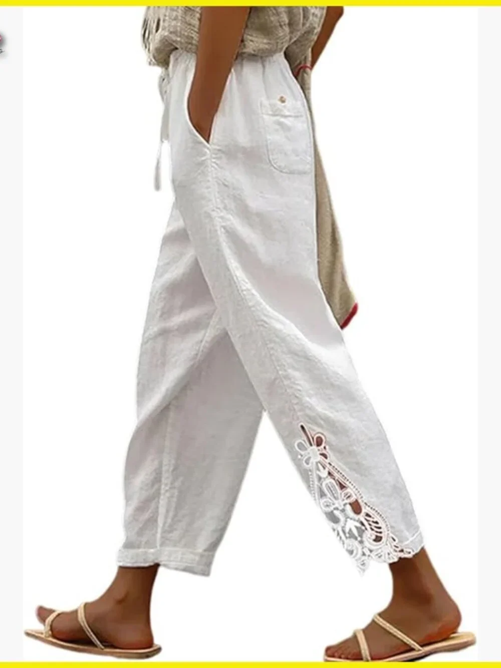 Casual Lightweight Cotton Capri Pants with Drawstring Waist and Lace Detail